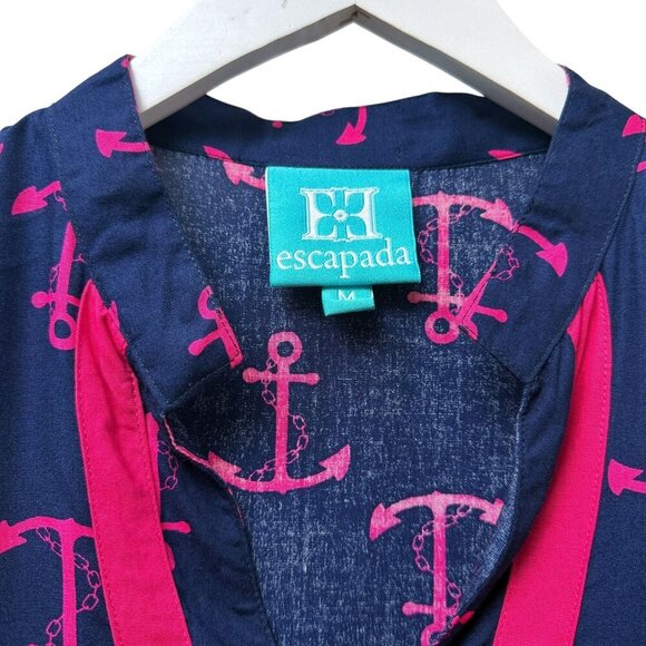 Escapada Tunic Blouse Medium Nautical Anchors Navy Blue Pink Rayon Womens Top - Picture 5 of 9